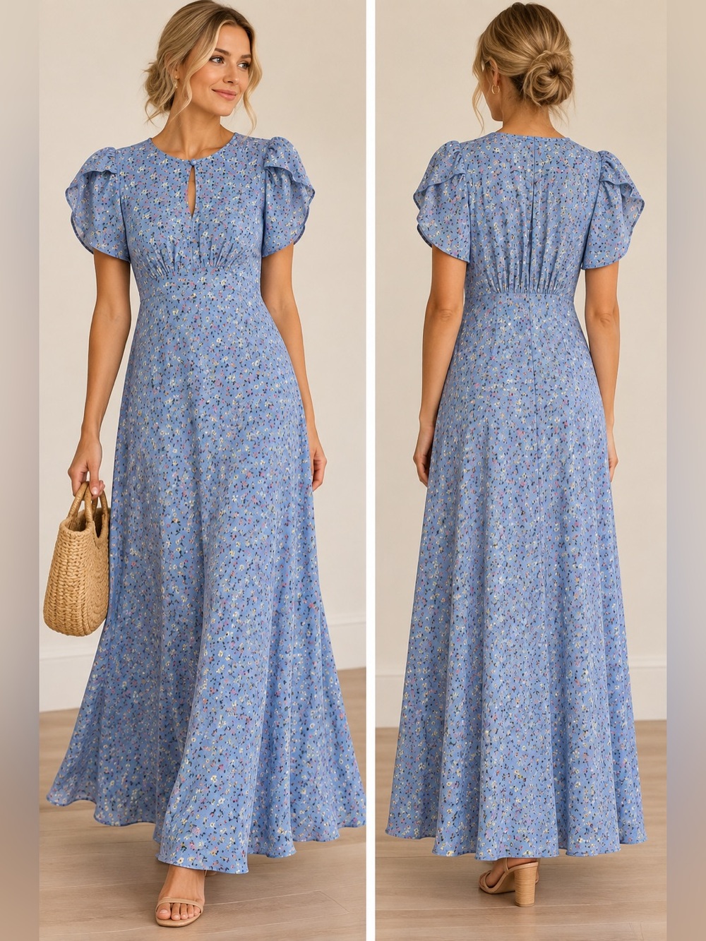 Ghost London NWT Blue Floral Flutter Sleeve Maxi Dress XS Cottagecore